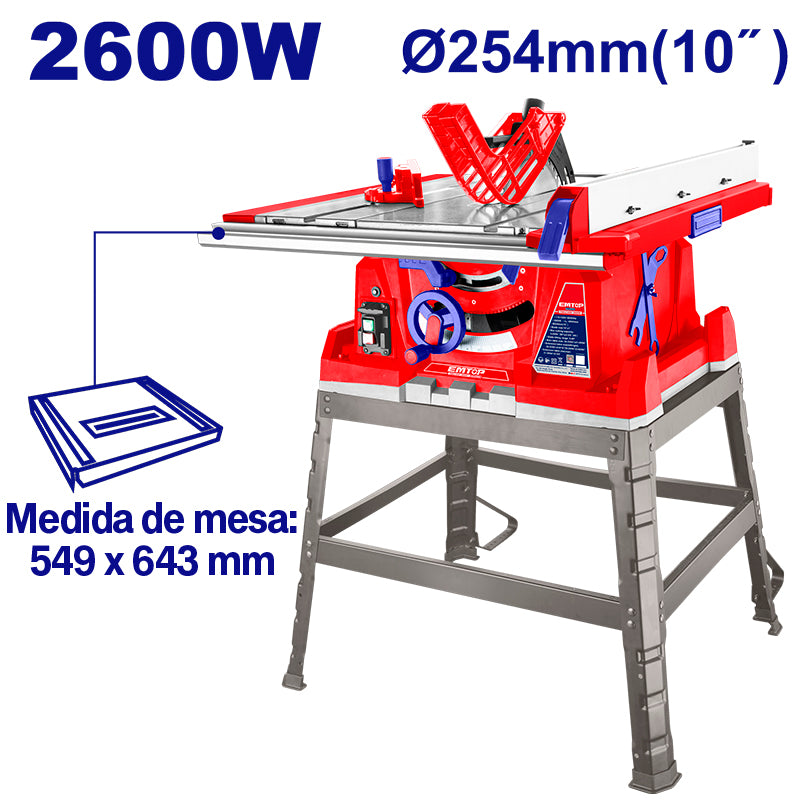 SIERRA DE MESA 10 PLG. 2600W, 4800RPM, CON MESA EXTENDIBLE Y BASE DE ACERO. EMTOP, ULTSW26001