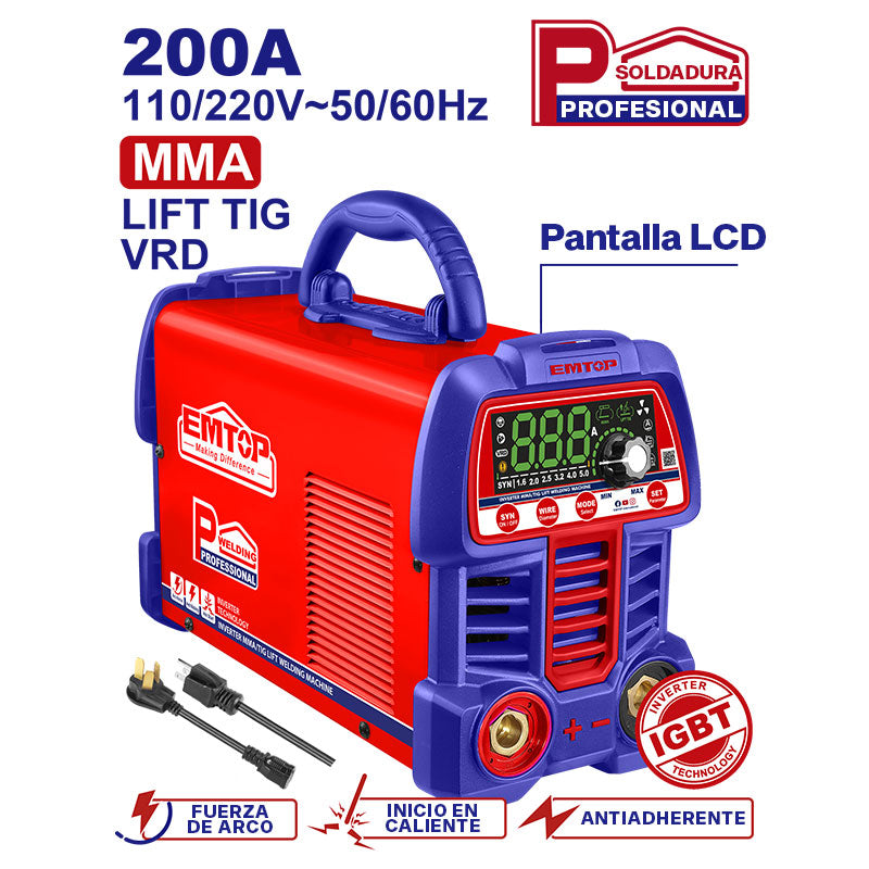 Soldadora inverter de 200 amperios, industrial, Emtop, ULWDEM20611