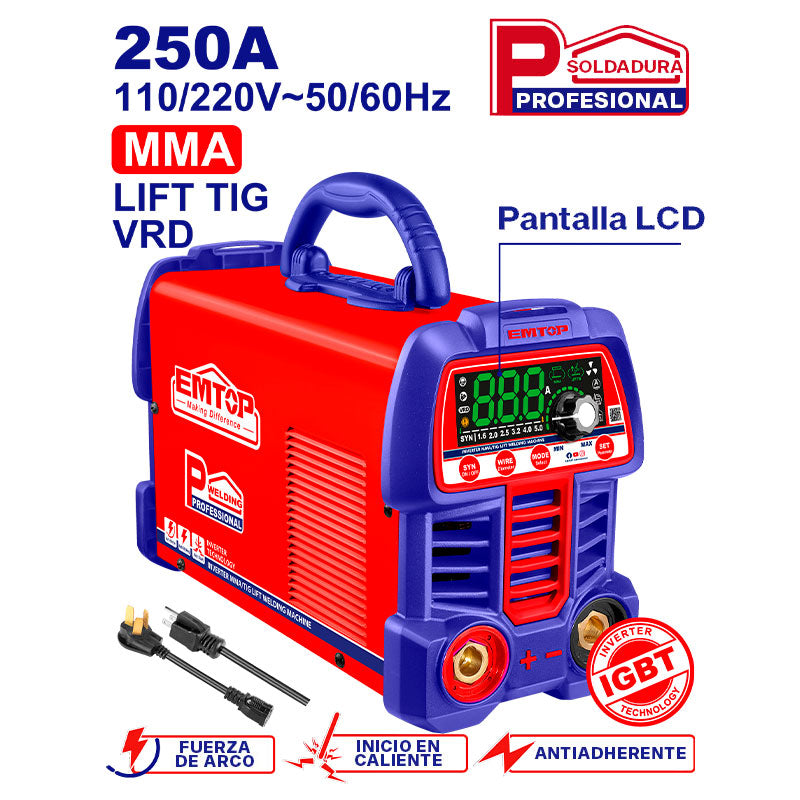 Soldadora inverter de 250 amperios, profesional, Emtop, ULWDEM2561