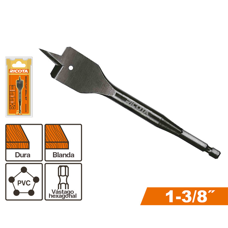 BROCA PALETA PARA MADERA 1-3/8 PLG, DOBLE FILO DE CORTE, RICOTA, URAWFD1803