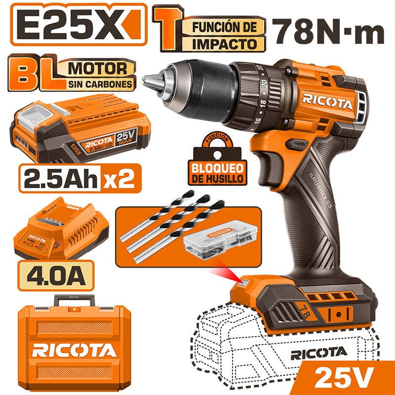 TALADRO PERCUTOR INALAMBRICO BRUSHLESS 25V, MANDRIL 1/2 Plgs, TORQUE 78 NM, INCLUYE 2 BATERIAS 2.5AH Y CARGADOR, RICOTA, URICIDL2578