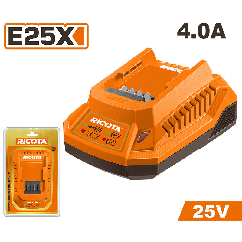 CARGADOR PARA BATERIA 25V, SALIDA 4A, VOLTAJE 110-120V, COMPATIBLE CON HERRAMIENTAS E25X, RICOTA, URLBC25041