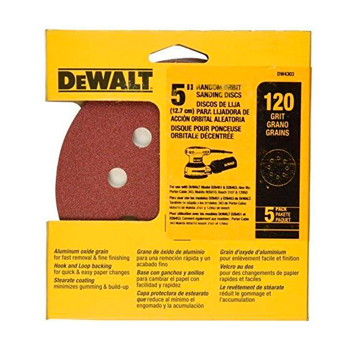 KIT DE 5 DISCOS DE LIJA DE 5", GRANO 120, TIPO VELCRO, DW4303 X, DEWALT, DW4303 X