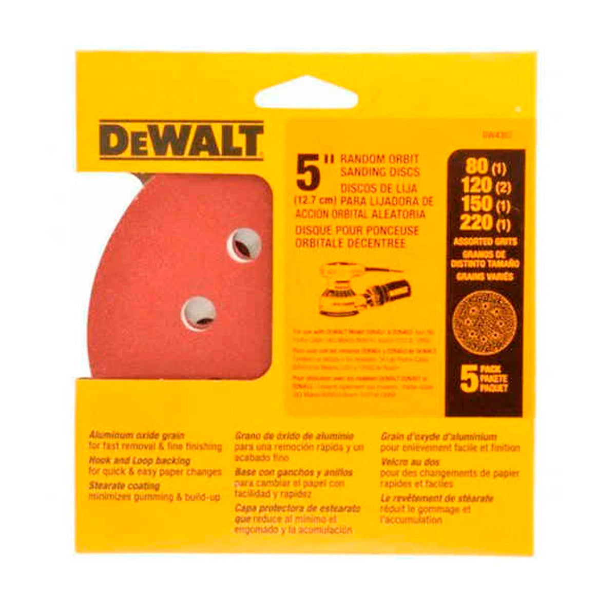 KIT DE 5 DISCOS DE LIJA CODIGO DW4307 X, 5 PULG, GRANO SURTIDO, CON VELCRO. MARCA DEWALT, DW4307 X