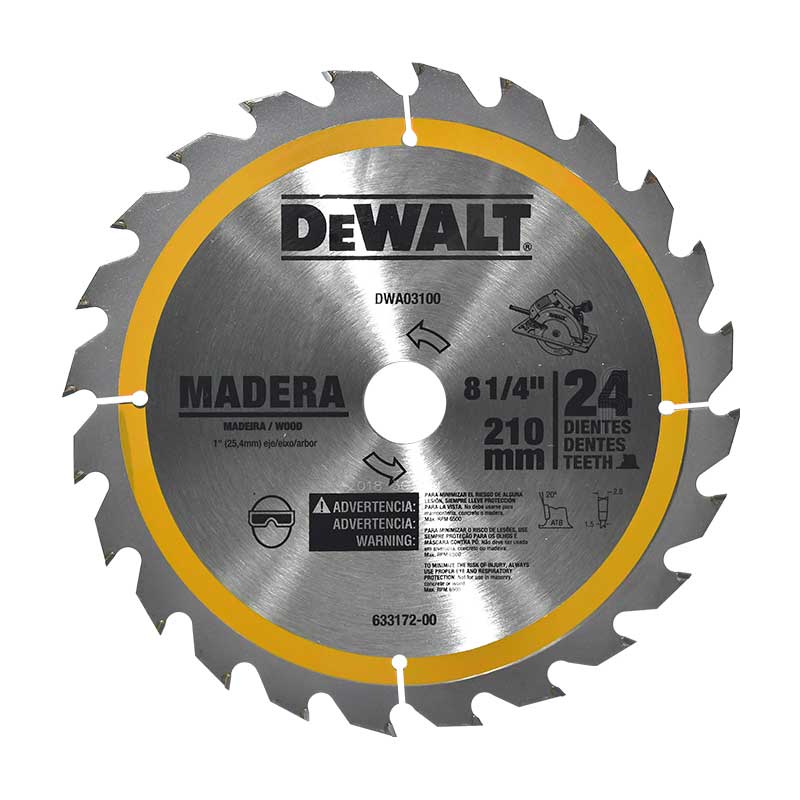 DISCO DE SIERRA PARA MADERA DE 8 1/4PULG, 24 DIENTES DE TUGSTENO, DWA03100, DEWALT