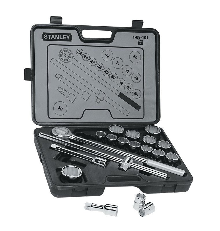 JUEGO DE COPAS, RAIZ 3/4", 12 LADOS, RATCHET 19 PIEZAS, MEDIDAS EN MM, 89-101, STANLEY