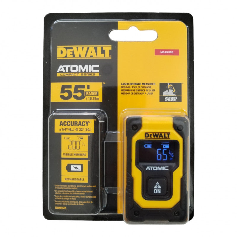 MEDIDOR METRO LASER DIGITAL DE BOLSILLO, ATOMIC, RANGO DE 16.75 METROS, RECARGABLE. MARCA DEWALT, DW055PL