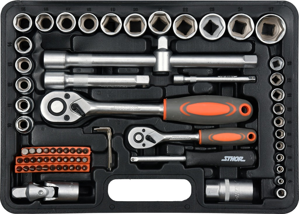 Juego de copas y llaves ratch, 1/2 plgs y 1/4 plgs, 72 piezas, Sthor, 58705