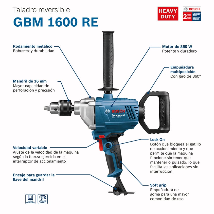 Barreno tipo espada de rotación, 5/8 plgs, 850 watts, 0-630 rpm, 06011B00G0, GBM 1600 RE, Bosch