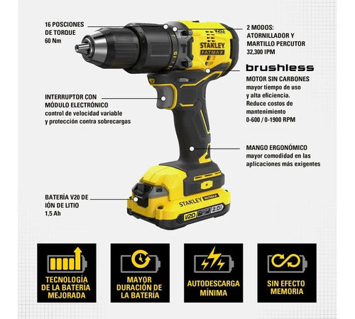 BARRENO INALAMBRICO DE 1/2", PERCUTOR, 20 VOLTIOS, SIN CARBONES, STANLEY, SBD715C2K-B3