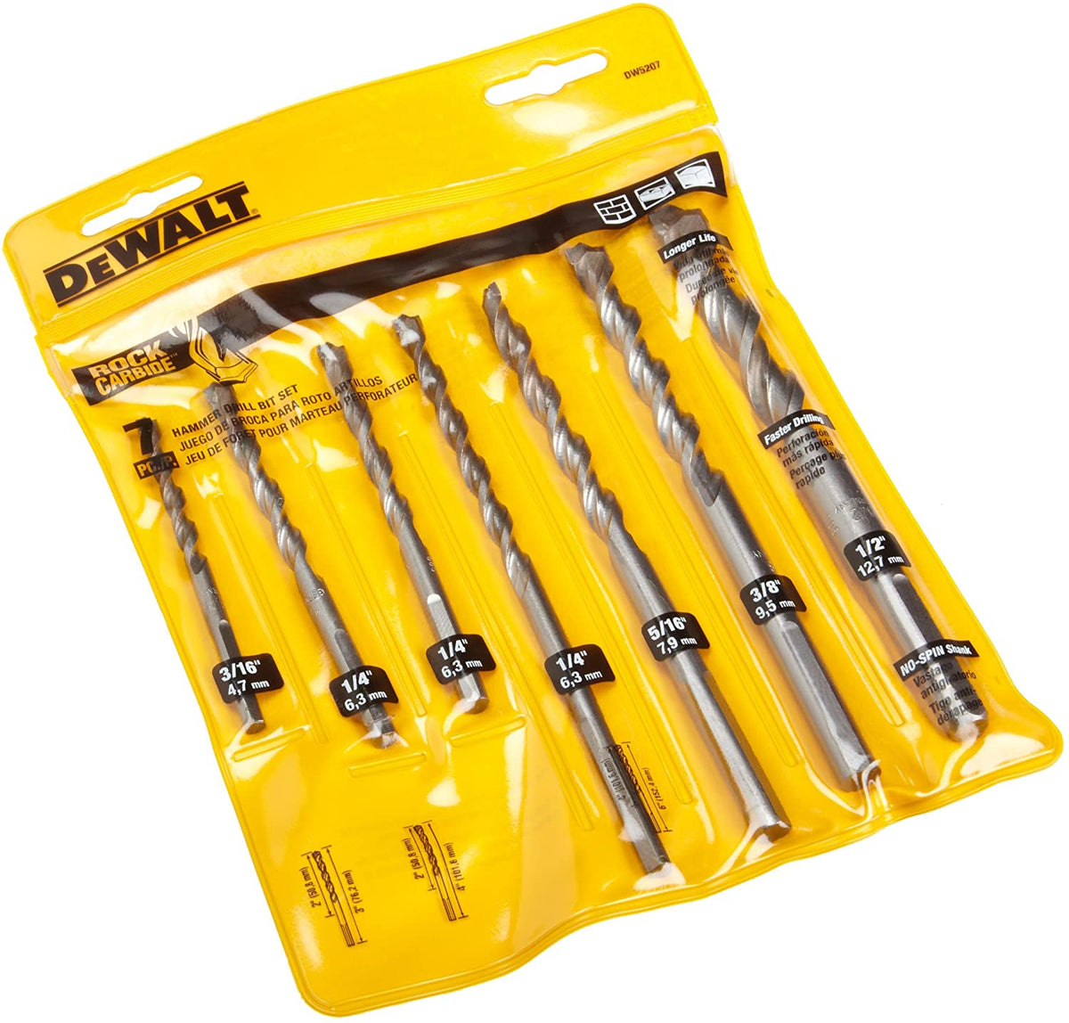 JUEGO DE BROCAS PARA CONCRETO, PUNTA DE CARBURO, 7 PIEZAS, DW5207 Y, DEWALT, DW5207 Y