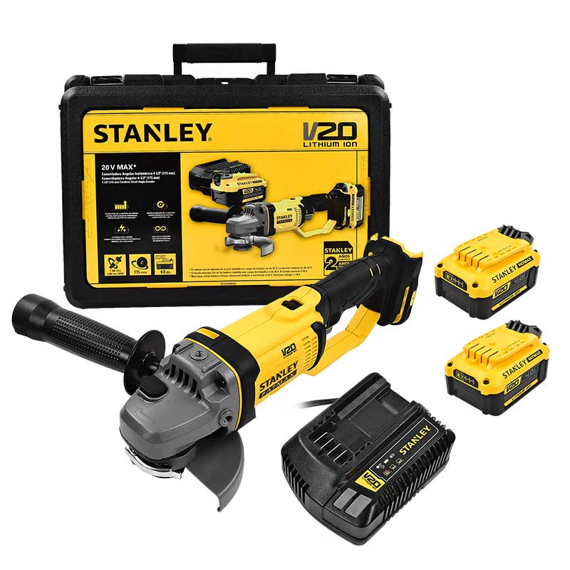PULIDORA/ESMERILADORA, 4-1/2 PULG, SISTEMA 20V, 2 BATERIAS DE 4.0 AH, MALETA PLASTICA. MARCA STANLEY, SCG400M2K-B3