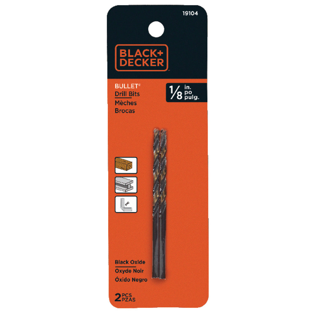 BROCA PARA METAL Y MADERA, 1/8 PULG, HSS, OXIDO NEGRO. MARCA BLACK AND DECKER, '19104