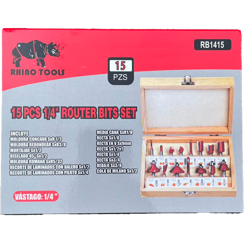 Kit de brocas para router de 15 piezas en marca RINO TOOLS, 210009