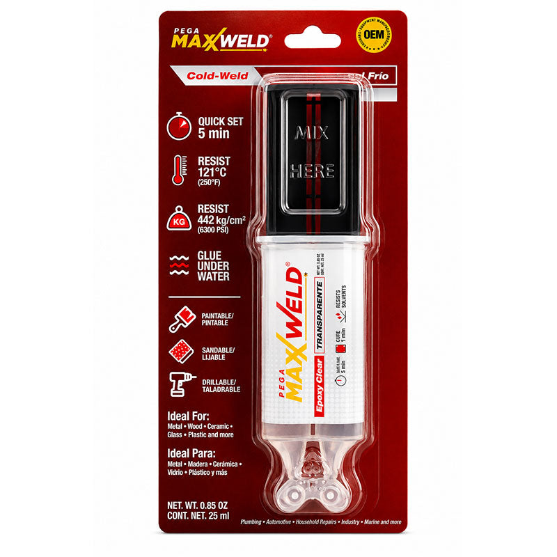 PEGAMENTO EPOXICO TRANSPARENTE EN JERINGA, 25 ML, ALTA RESISTENCIA, SECADO RAPIDO Y SOPORTA HASTA 121 GR C. PEGAMAXXWELD, '2429