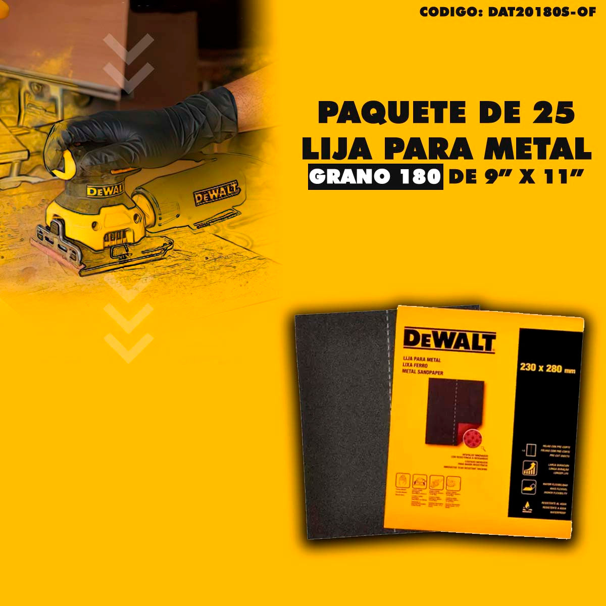 PAQUETE DE 25 PLIEGOS DE LIJA, PARA METAL, GRANO 180, 9 PULG X 11 PULG. MARCA DEWALT, DAT20180S-OF
