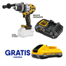 TALADRO PERCUTOR DE 1/2, XR 20V, BRUSHLESS, SISTEMA ANTI-ROTACION, INCLUYE CARGADOR. GRATIS BATERIA DCB2104. DEWALT