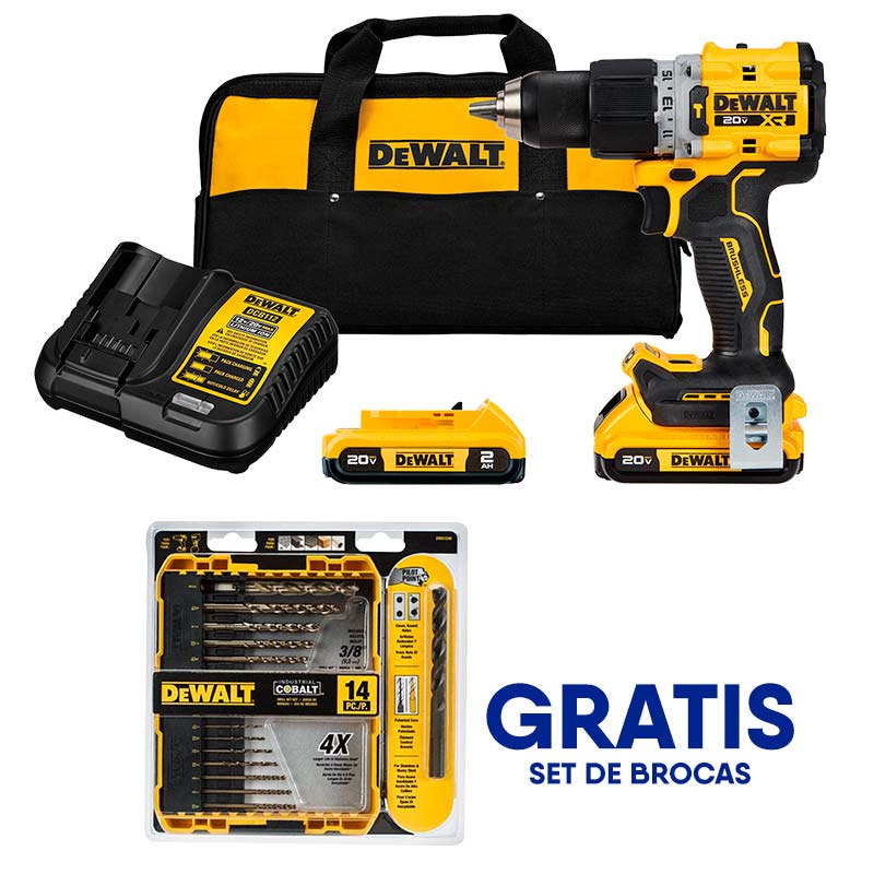 BARRENO/TALADRO PERCUTOR XR, 1/2 PULG, 20VOLT, BRUSHLESS, 2 BATERIAS, CARGADOR Y MALETIN, GRATIS JUEGO DE BROCAS. DEWALT