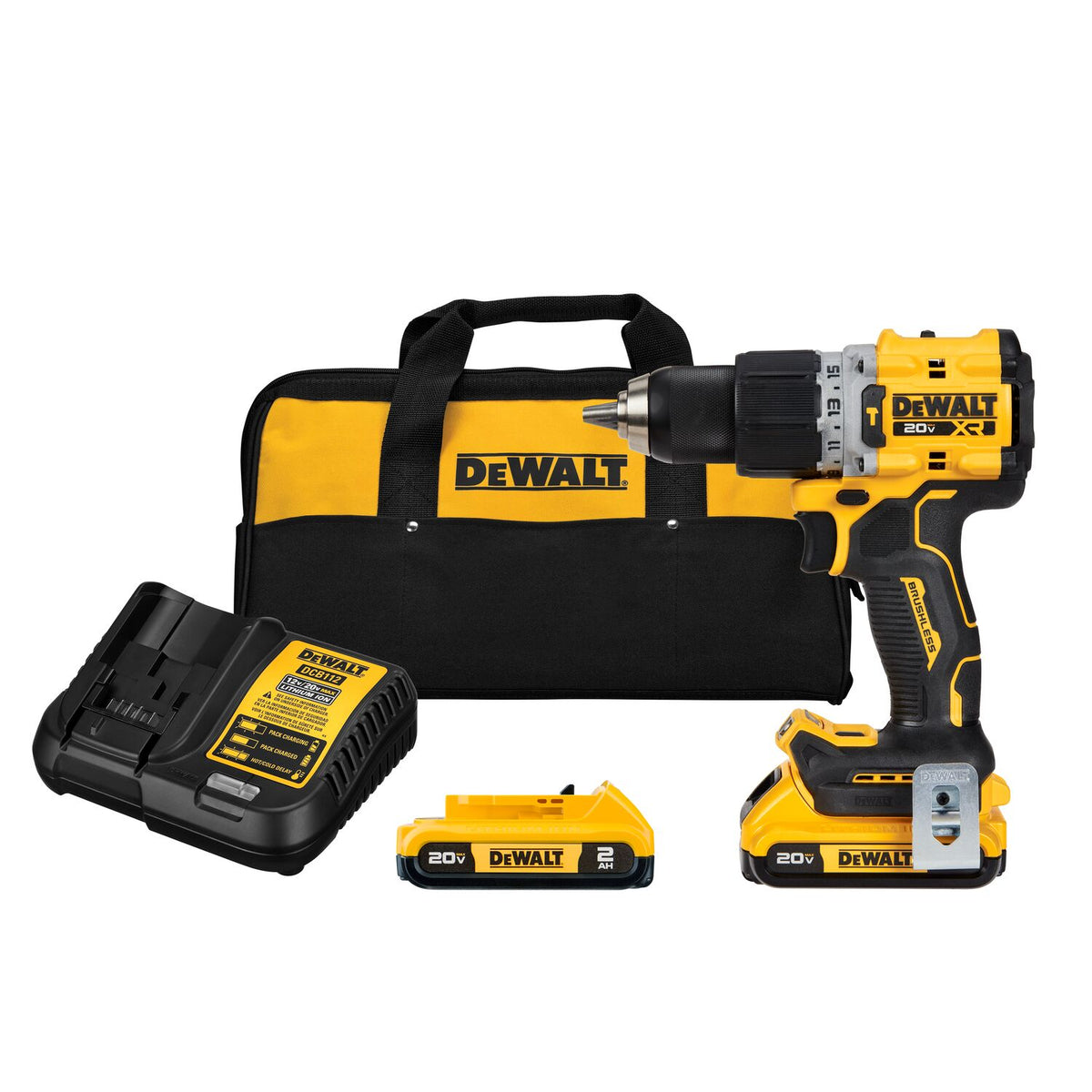 BARRENO PERCUTOR DE 1/2 PLG DE 20 VOLTIOS, SIN CARBONES, 2 BATERIAS, CARGADOR Y BOLSA DE NYLON, DEWALT, DCD805D2-B3