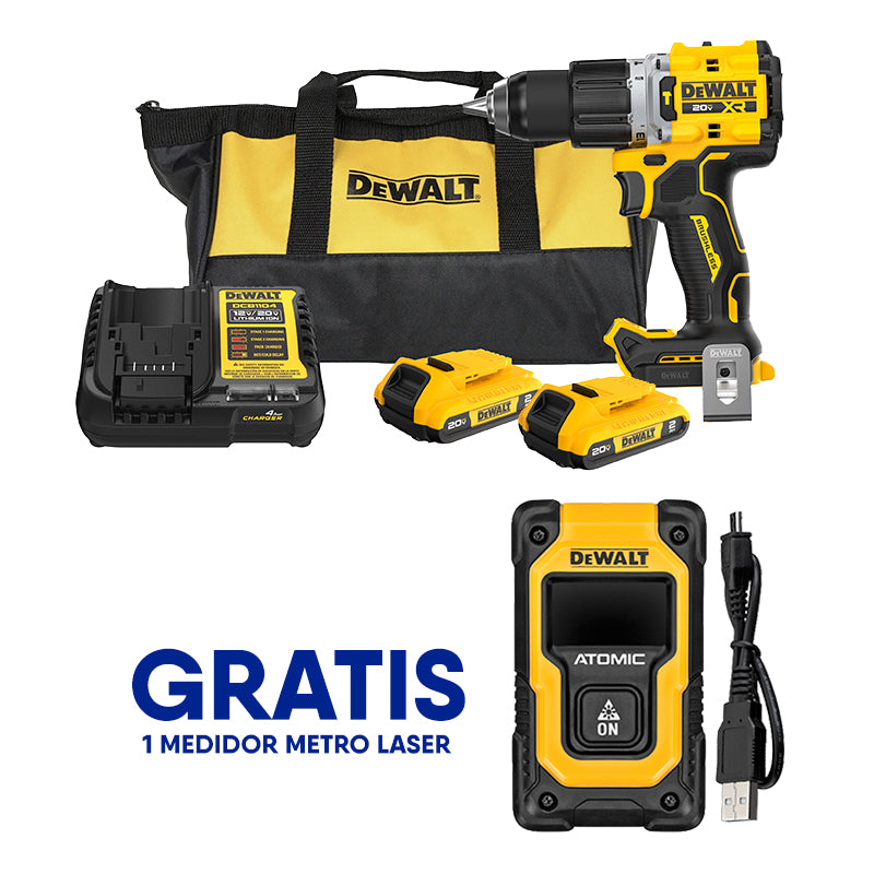 BARRENO PERCUTOR XR, 1/2 PULG, 20V. BRUSHLESS, SISTEMA ANTI-ROTACION 2 BATERIAS Y CARGADOR. GRATIS METRO LASER. DEWALT, DCD806D2-OF