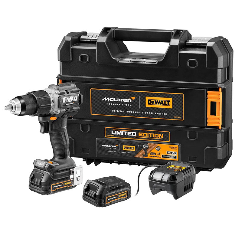 MCLAREN.TALADRO PERCUTOR INALAMBRICO 20V XR, BRUSHLESS, MANDRIL DE 1/2 PULG. 2 BATERIAS POWER STACK Y CARGADOR. DEWALT, DCD85ME2GT-B3
