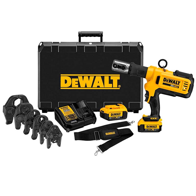 PRENSA PARA TUBOS DE COBRE Y ACERO INOXIDABLE INALAMBRICA 20V, INCLUYE 6 MORDAZAS DE 1/2 A 2 PLG. DEWALT, DCE200M2K
