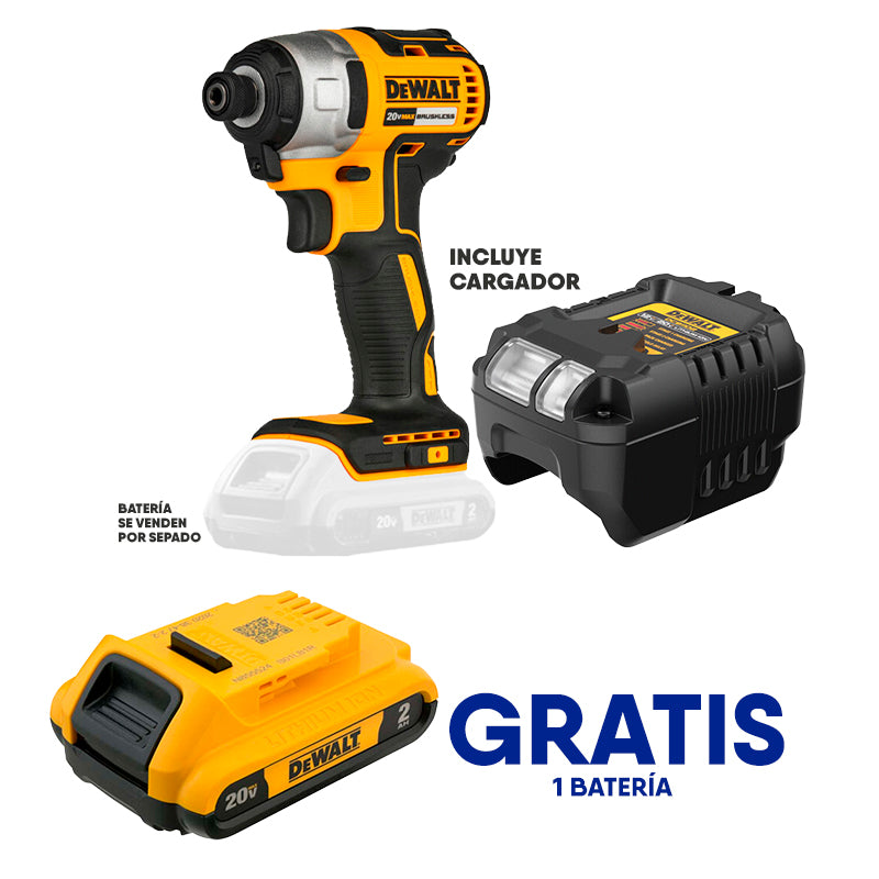 ATORNILLADOR DE IMPACTO, INALAMBRICO, VASTAGO 1/4, 20V. BRUSHLESS. INCLUYE CARGADOR. GRATIS BATERIA DCB203YY. DEWALT, DCF7871B-OF