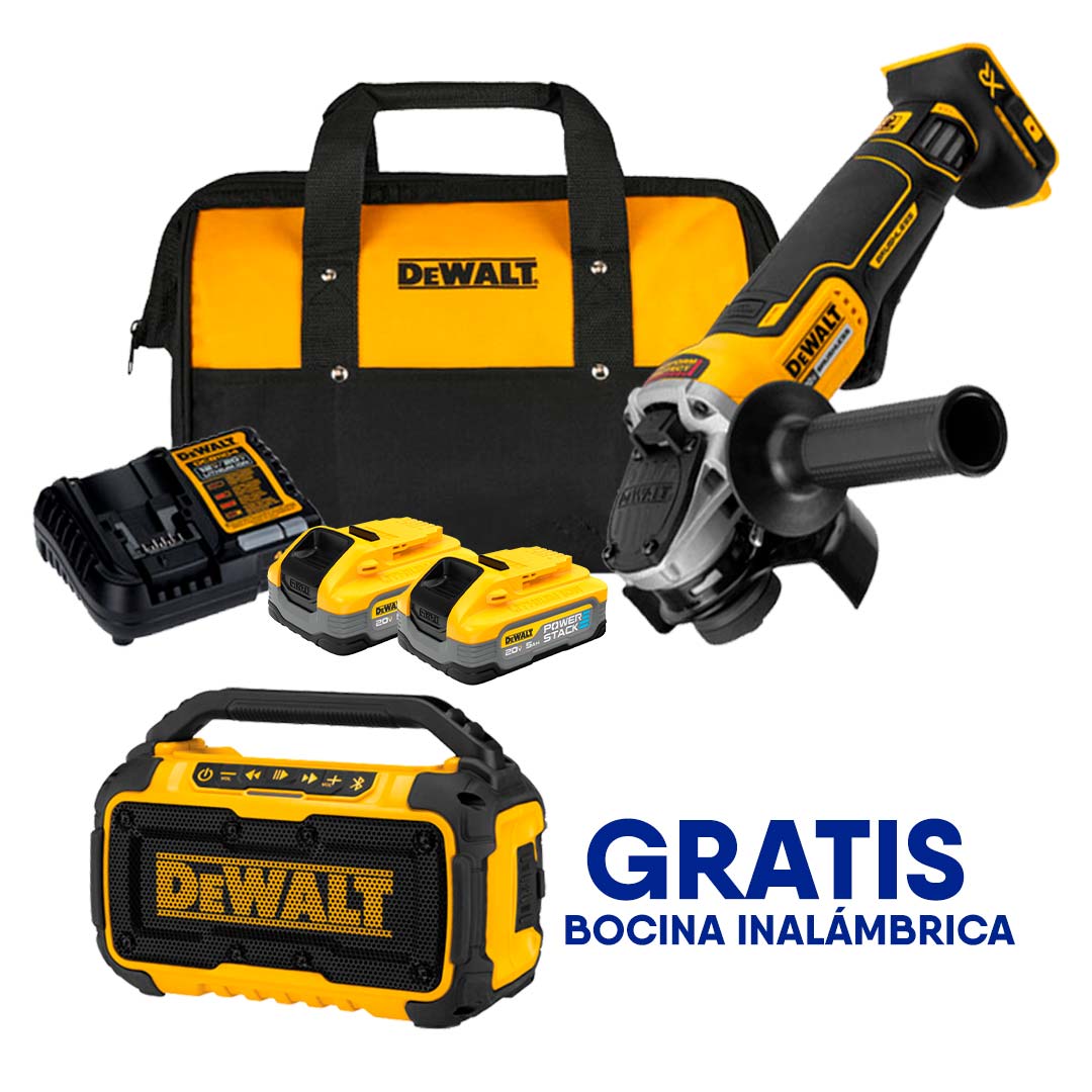 PULIDORA/ESMERILADORA, 4-1/2 - 5 PULG, INALAMBRICA, 20V, BRUSHLESS BATERIAS POWER STACK 5AH, GRATIS BOCINA DCR010.DEWALT, DCG413H2-DCR010