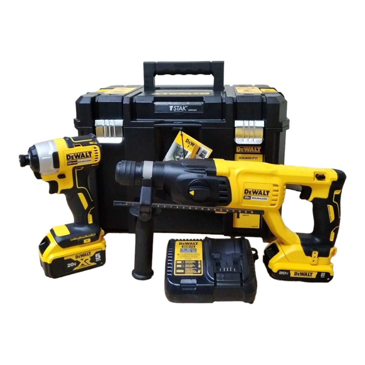 COMBO ROTOMARTILLO Y ATORNILLADOR DE IMPACTO, INALAMBRICOS MAS CAJA TOOLS TSTAK. MARCA DEWALT, DCK260D1P1T-B3