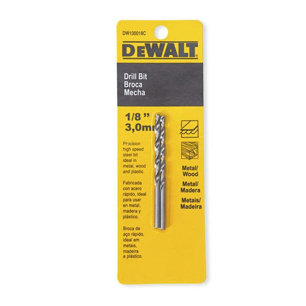 BROCA HSS 1/8 PULG 3 mm. Para metal y madera. Marca Dewalt, DW130018C