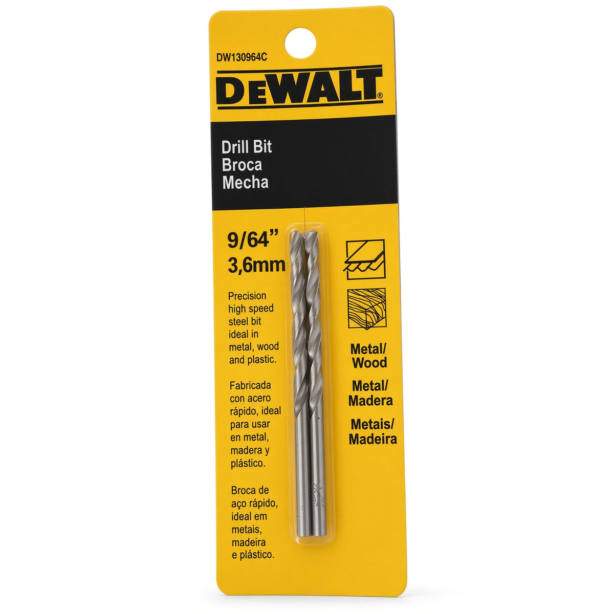 BROCA PARA METAL Y MADERA, 9/64 PULG. MARCA DEWALT, DW130964C