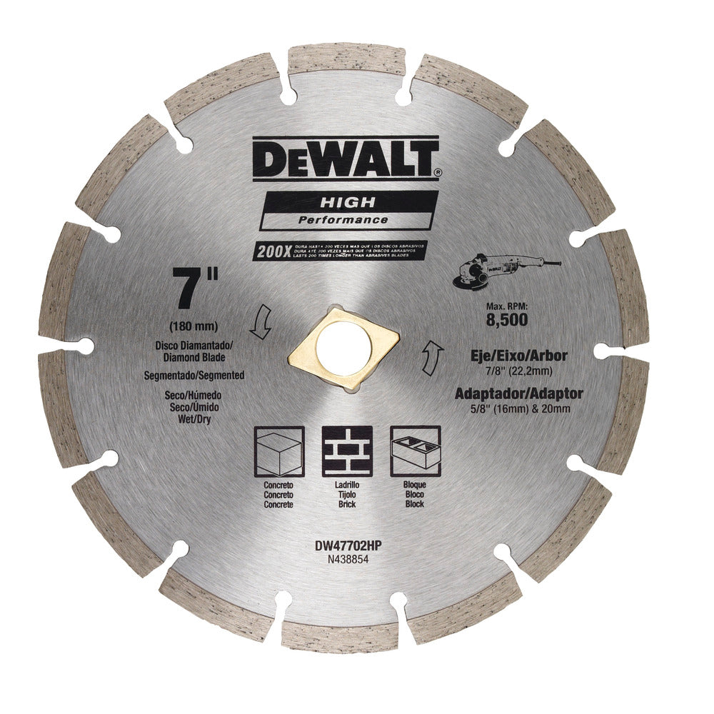 DISCO DIAMANTADO 7 Plgs, CORTES EN SECO, BORDE SEGMENTADO, CON ARANDELA DE AJUSTE DE 7/8 Plgs Y 5/8 Plgs, DW47702HP