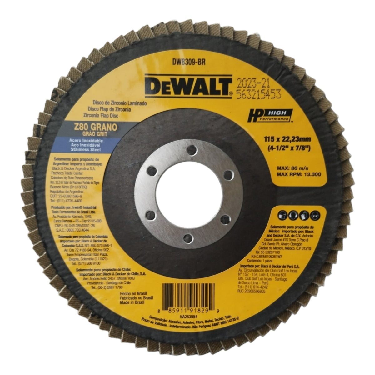 DISCO DE ZIRCONIO, 4-1/2 PULG X 7/8 PULG, GRANO 80, FLAP DISC. MARCA DEWALT, DW8309-BR