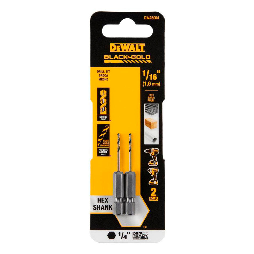 BROCAS HSS PARA METAL Y MADERA DE 1/16 PULGADAS, VASTAGO HEXAGONAL DE 1/4 PULGADAS. MARCA DEWALT, DWA5004