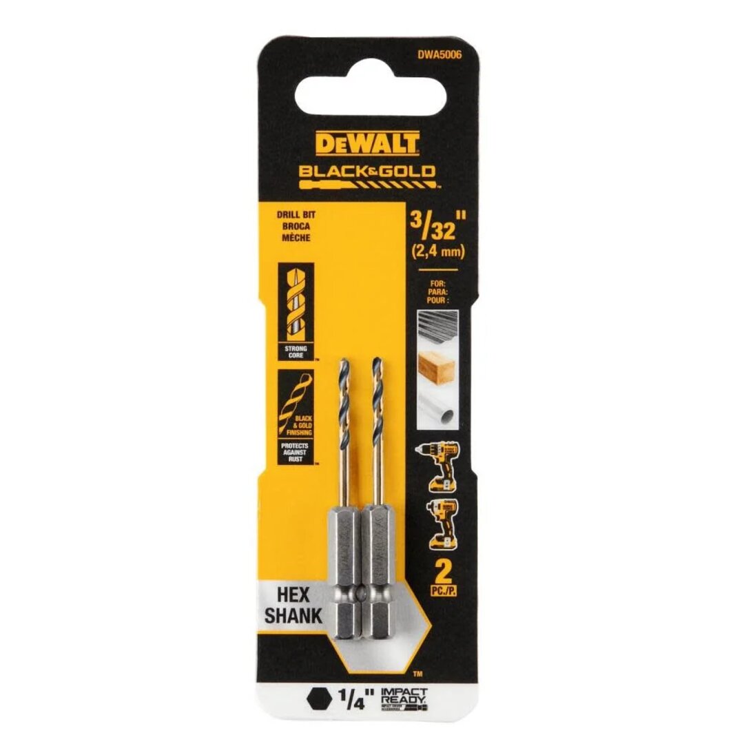 BROCA HSS PARA METAL Y MADERA DE 3/32 PULGADAS, VASTAGO HEXAGONAL DE 1/4 PULGADAS. MARCA DEWALT, DWA5006
