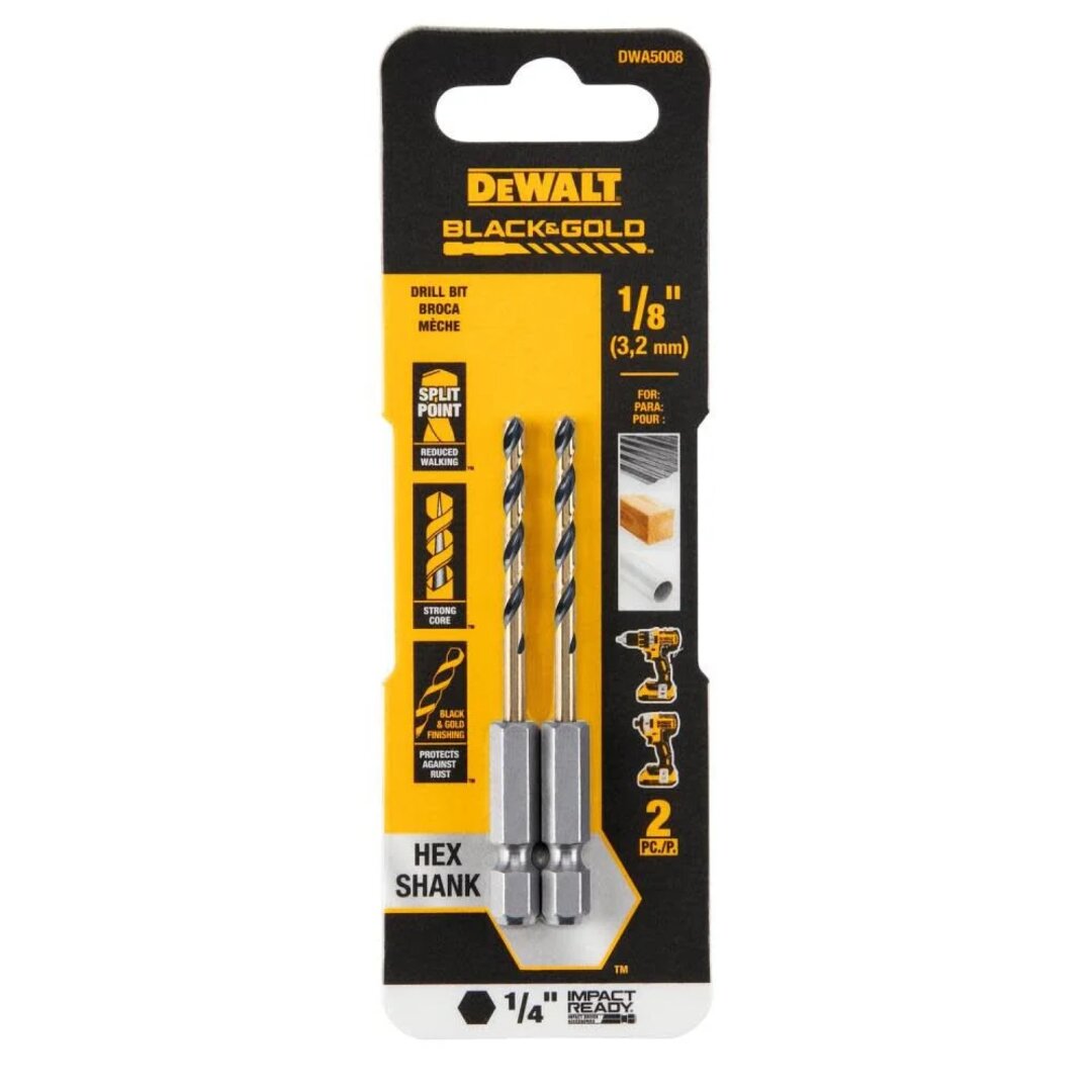 BROCA HSS PARA METAL Y MADERA, DE 1/8 PULGADAS, VASTAGO HEXAGONAL DE 1/4 PULGADAS. MARCA DEWALT, DWA5008