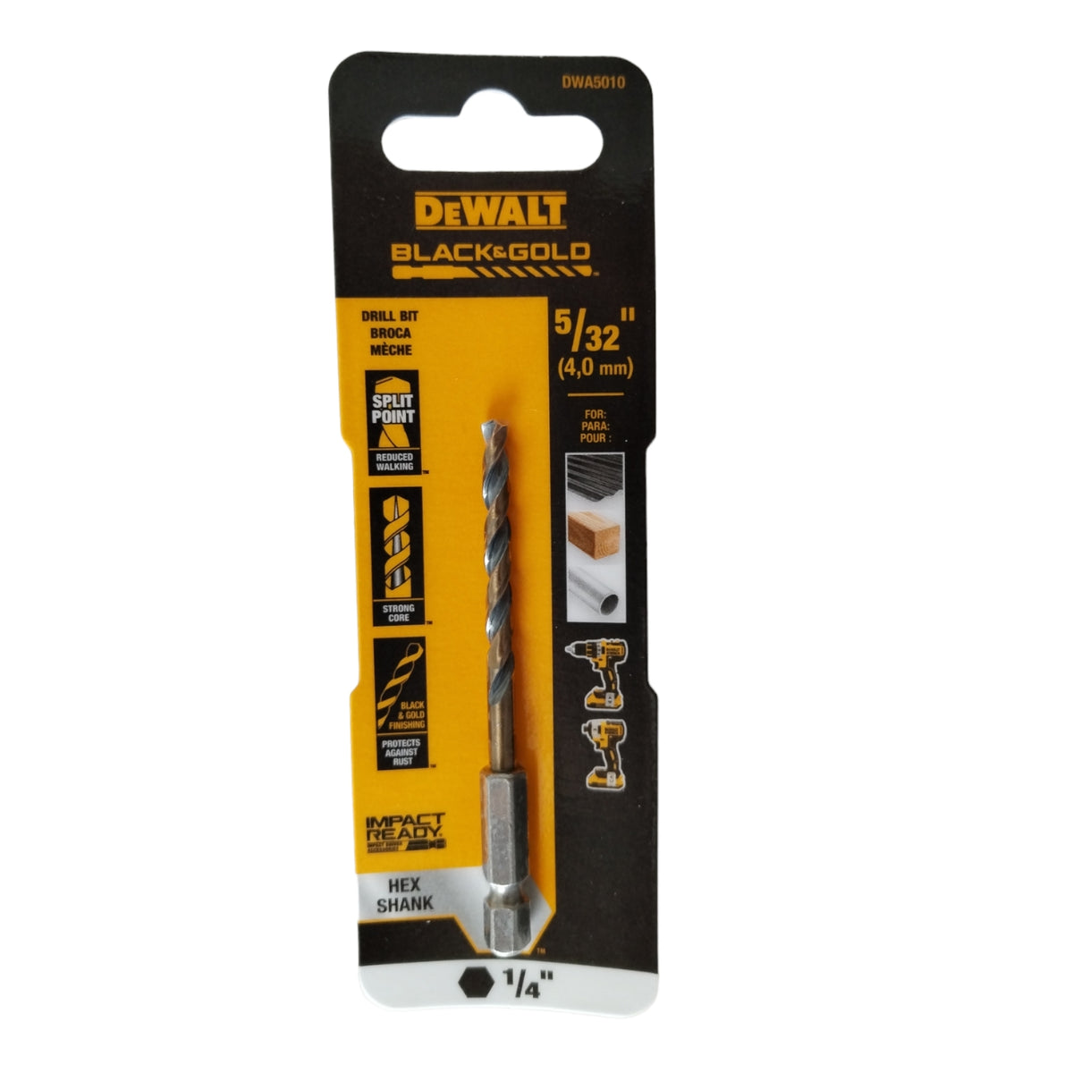BROCA HSS PARA METAL Y MADERA DE 5/32 PULGADAS, VASTAGO HEXAGONAL DE 1/4 PULGADAS. MARCA DEWALT, DWA5010