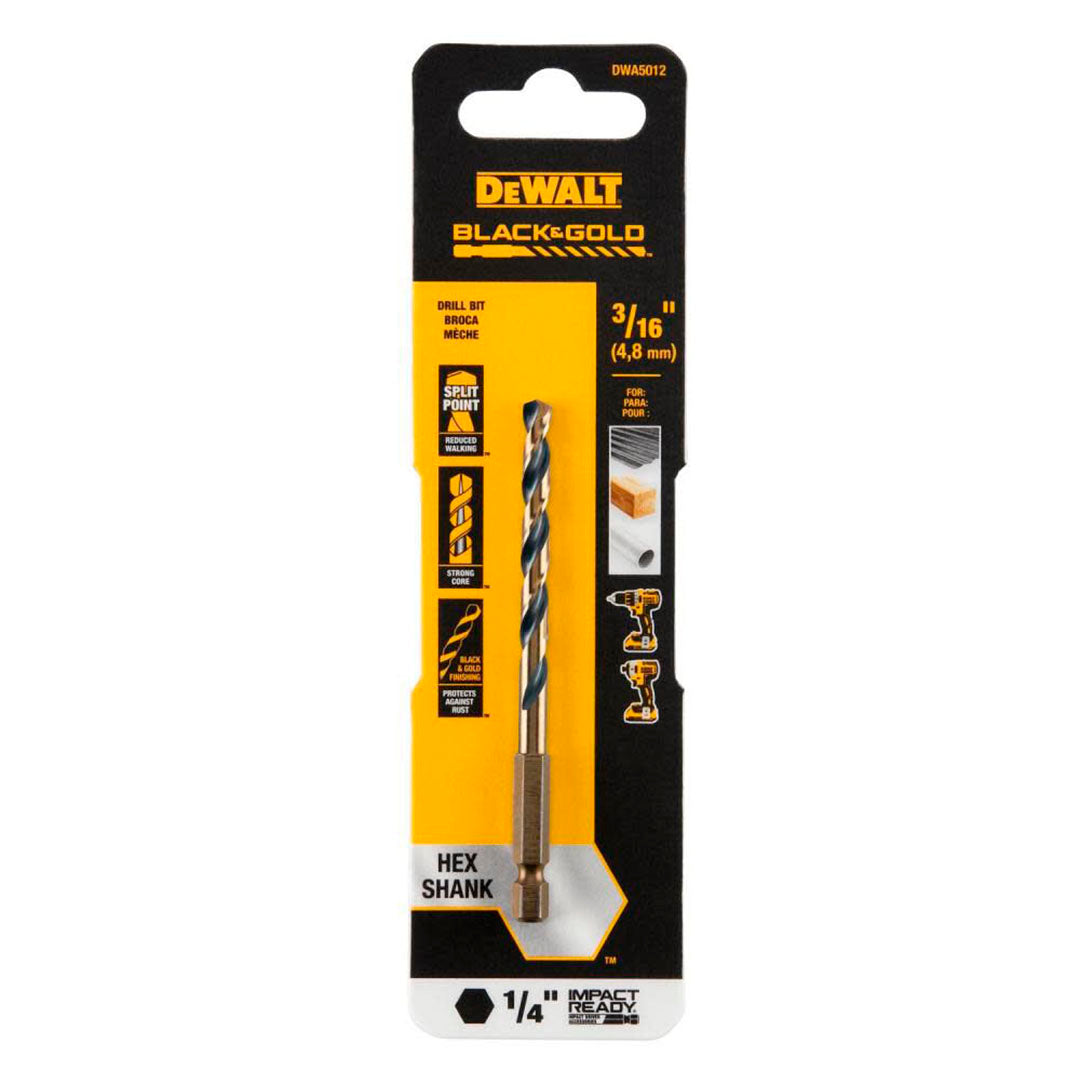 BROCA HSS PARA METAL Y MADERA DE 3/16 PULGADAS, VASTAGO HEXAGONAL DE 1/4 PULGASAS. MARCA DEWALT, DWA5012