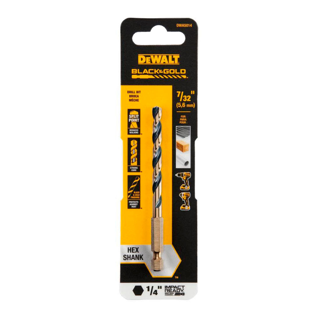 BROCA HSS PARA METAL Y MADERA DE 7/32 PULGADAS, VASTAGO HEXAGONAL DE 1/4 PULGADAS. MARCA DEWALT, DWA5014