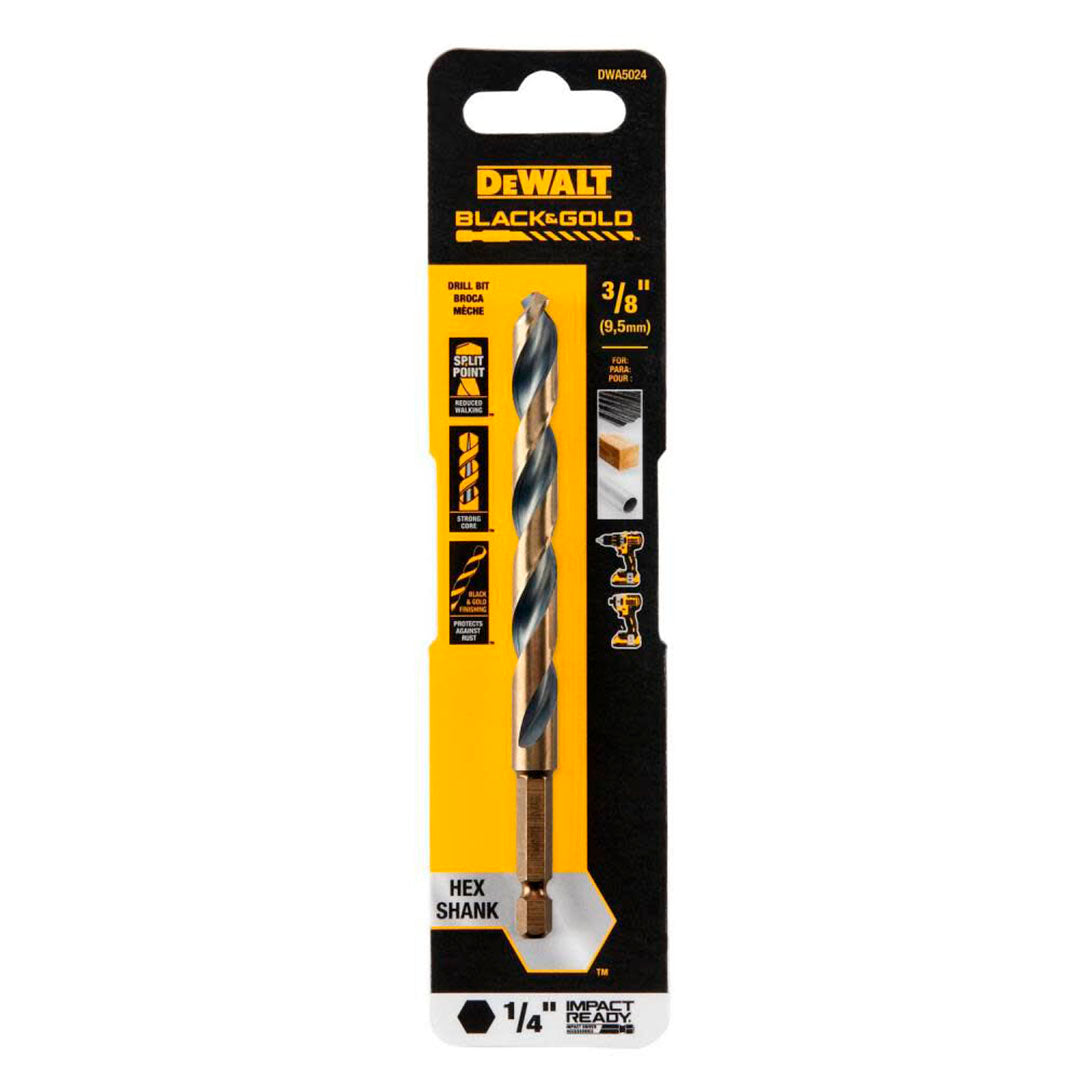 BROCA HSS PARA METAL Y MADERA DE 3/8 PULGADAS, VASTAGO HEXAGONAL DE 1/4 PULGADAS. MARCA DEWALT, DWA5024