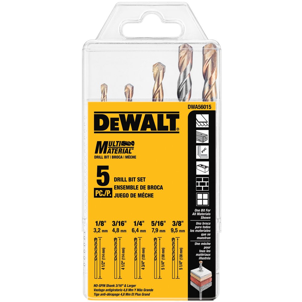 JUEGO DE BROCAS MULTIMATERIAL PARA METAL, MADERA, PLASTICO, Y CONCRETO, 5 PIEZAS, DWA56015, DEWALT