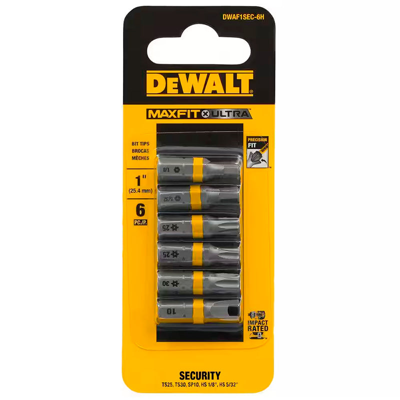 SET 6 PUNTAS DE SEGURIDAD, T25, T30, SP10, HS1/8 Y HS5/32, MAXFIT ULTRA, DISEÑO ANTI-SNAP QUE REDUCE LA ROTURA. DEWALT, DWAF1SEC-6H