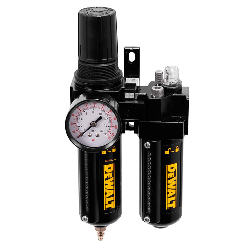 REGULADOR, FILTRO Y LUBRICADOR, ROSCA NPT 3/8 PLG, PRESION OPTIMA 150PSI, INCLUYE MANOMETRO.DEWALT, DXCM019-0352