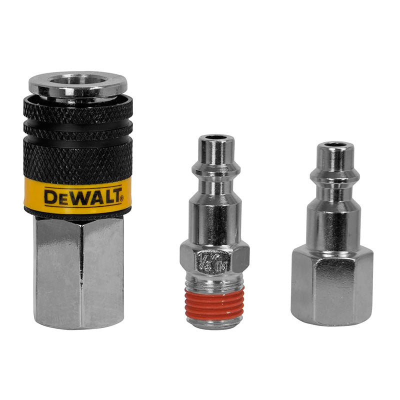 KIT DE ACOPLE RAPIDO 3 PCS CROMADOS, 1 ACOPLADOR HEMBRA, 1 CONECTOR MACHO Y 1 HEMBRA NPT 1/4. DEWALT, DXCM036-0207