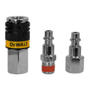 KIT DE ACOPLE RAPIDO 3 PCS CROMADOS, 1 ACOPLADOR HEMBRA, 1 CONECTOR MACHO Y 1 HEMBRA NPT 1/4. DEWALT