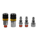 KIT DE ACOPLE RAPIDO 5 PCS CROMADOS, 1 ACOPLADOR HEMBRA Y 1 MACHO, 2 CONECTOR MACHO Y 1 HEMBRA NPT 1/4. DEWALT