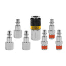 KIT DE ACOPLES RAPIDOS ROSCA NPT 1/4 PLG. 7 PCS. 3 CONECTORES MACHO, 3 HEMBRAS Y 1 ACOPLE RAPIDO HEMBRA. DEWALT