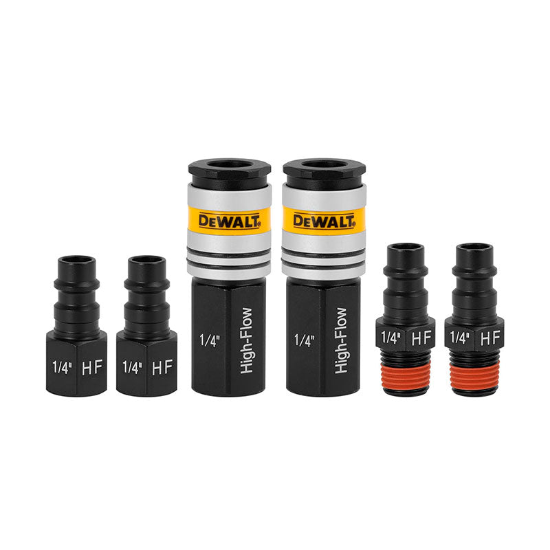 JUEGO DE 6 PCS DE ACOPLES RAPIDO, ALTO CAUDAL, 2 ACOPLES HEMBRA, 2 CONECTORES HEMBRA Y 2 CONECTORES MACHO. DEWALT, DXCM036-0231