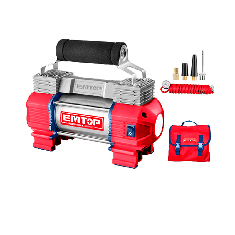 COMPRESOR DE AIRE PARA INFLAR LLANTAS DE AUTOMATICOS 12VOLTIOS PRESION MAXIMA 120PSI. MARCA EMTOP, EAAC4501