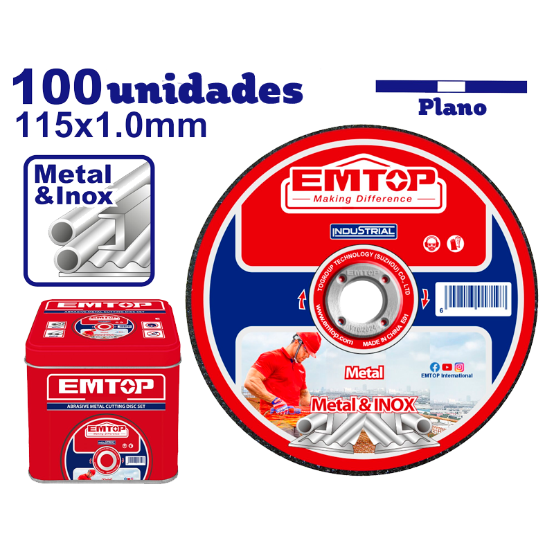 Discos abrasivos para cortar metal de 4 1/2 plgs acero inox caja de 100 unidades Emtop EACD10115100